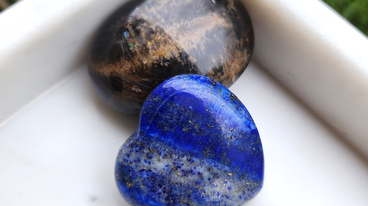 Crystal pairing for Divine Union. Lapis Lazuli & Black Moonstone.